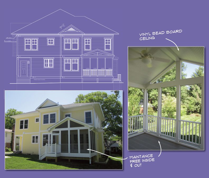 Blueprint and photos of a yellow house with a porch and white railing.