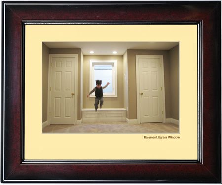 Child jumping between two doors in a framed room setting.