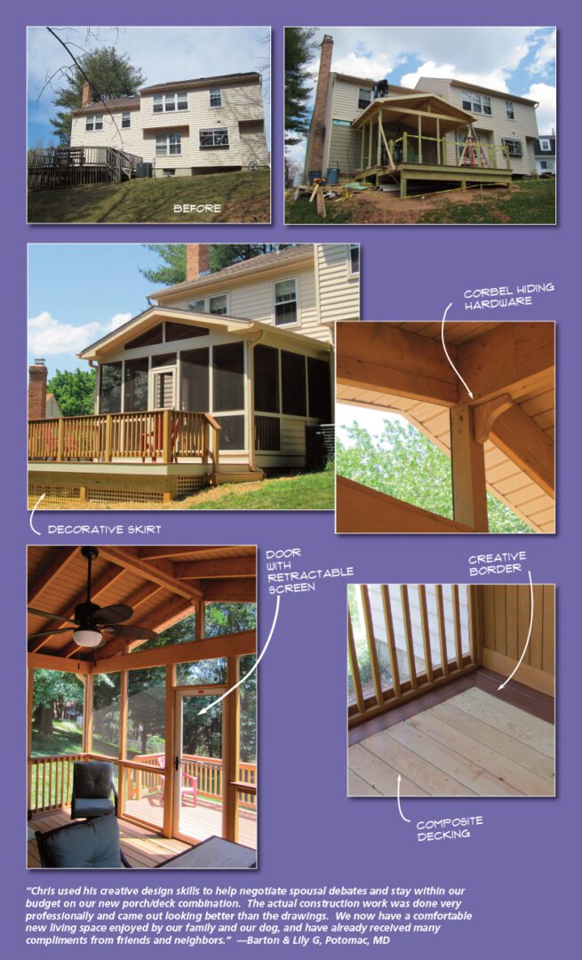 A modern screened porch with detailed woodwork and insect screens.