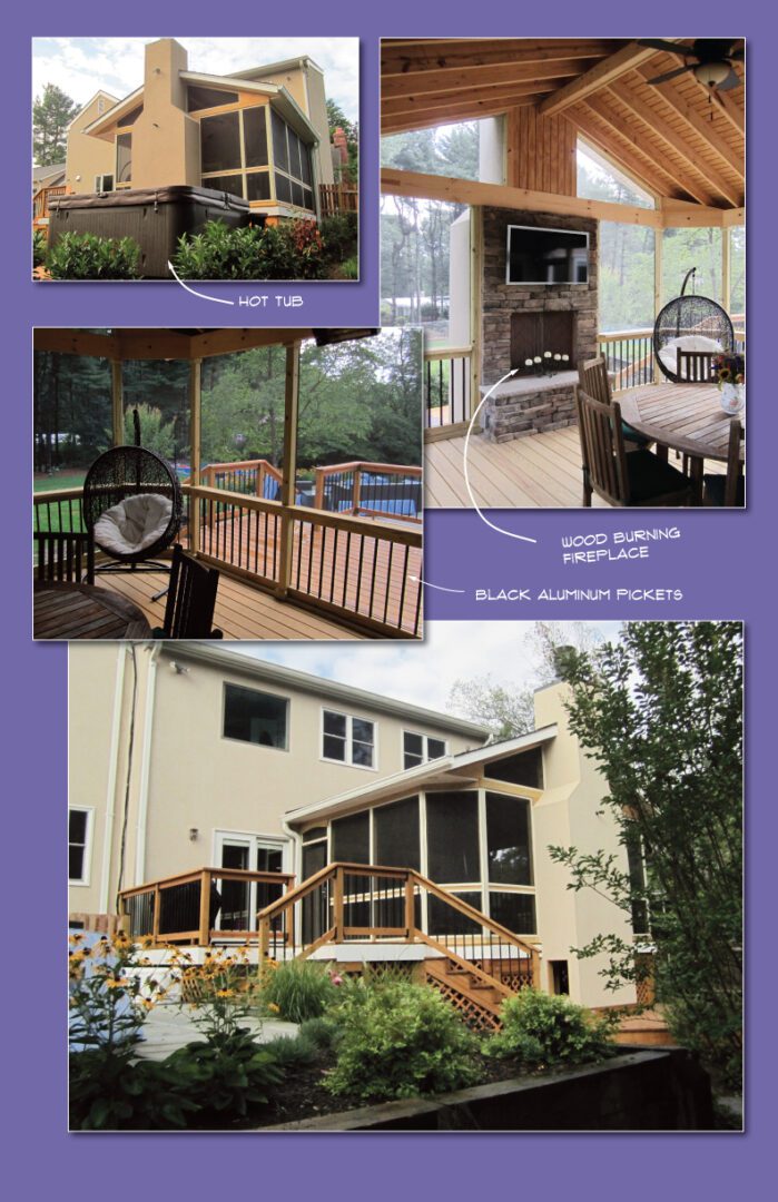 A newly built wooden deck with railing and outdoor furniture on a house.