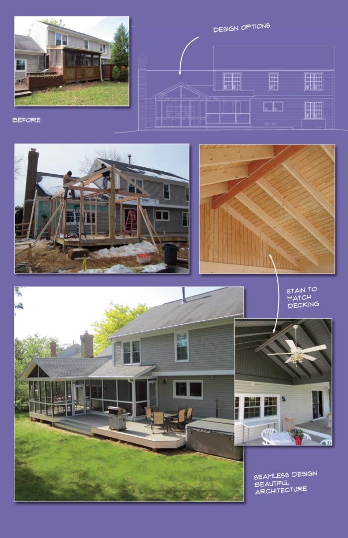 Various stages of wood construction and finished wood surfaces in building projects.