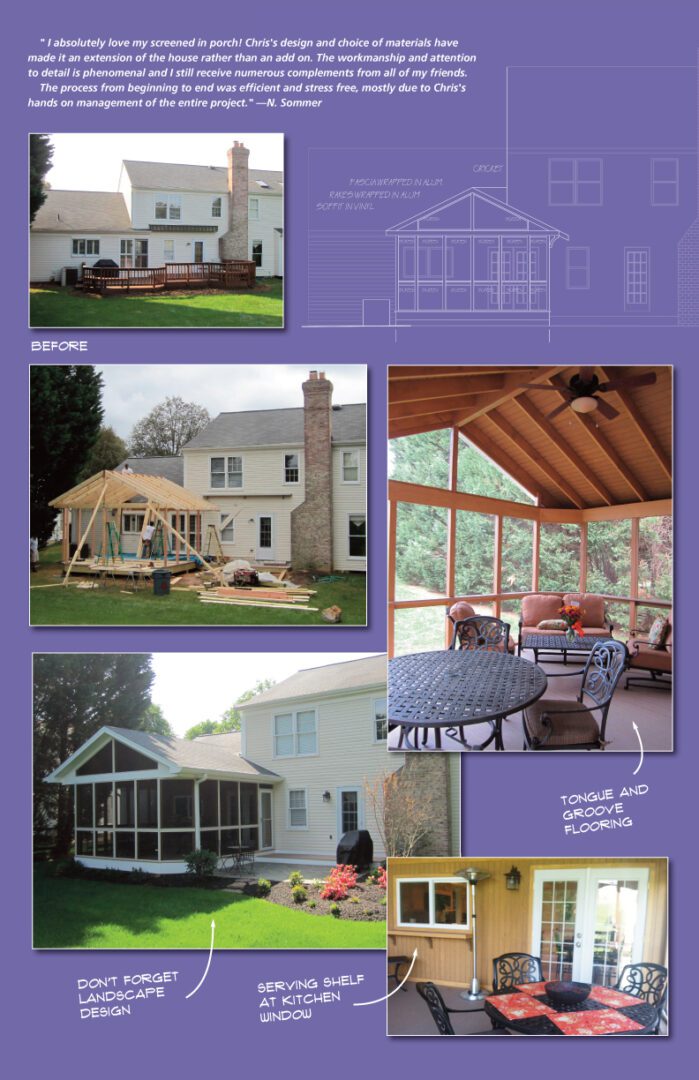 Various screened porch designs and structures for homes.