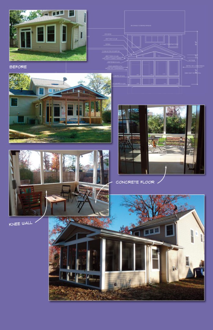 Photos of a house exterior and screened porch during different seasons.