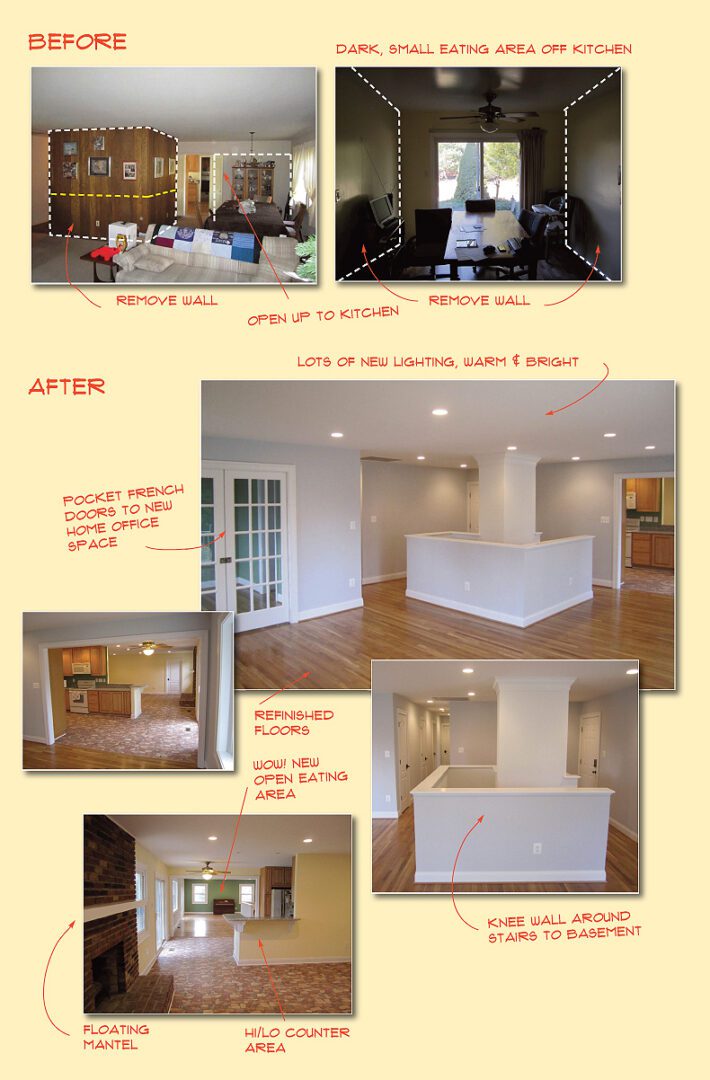 Before and after images of a kitchen renovation showing a modern, bright space.