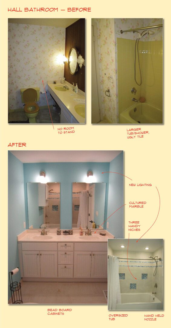 Before and after bathroom vanity transformation with new lighting and fixtures.