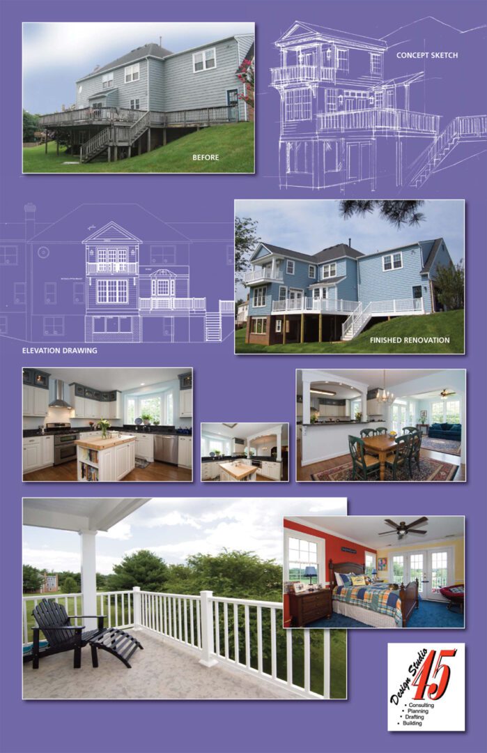 Collage of a blue house exterior and modern interior spaces.
