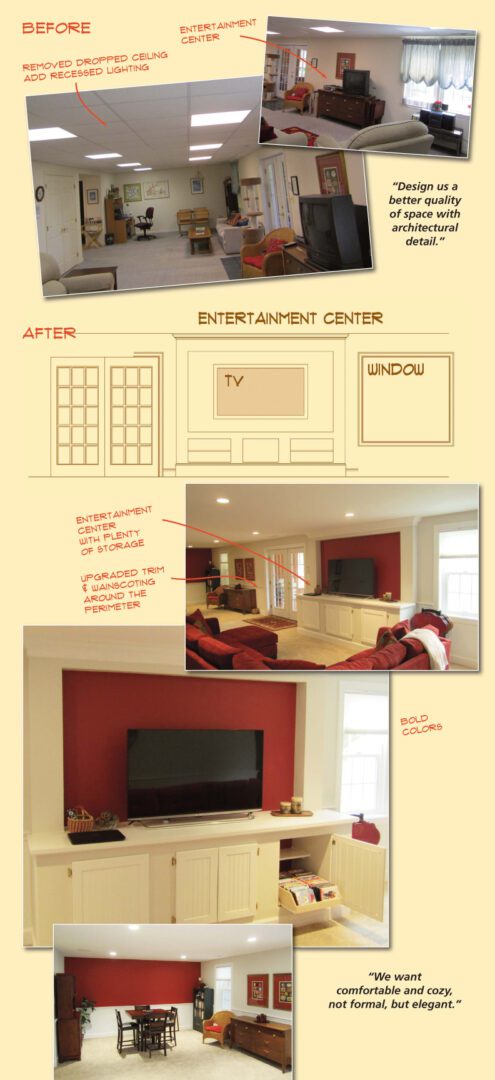 Modern entertainment center with TV and window, featuring a cozy living room setup.