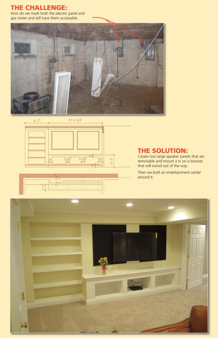 A custom-built entertainment center with shelves and a TV space in a cozy room.