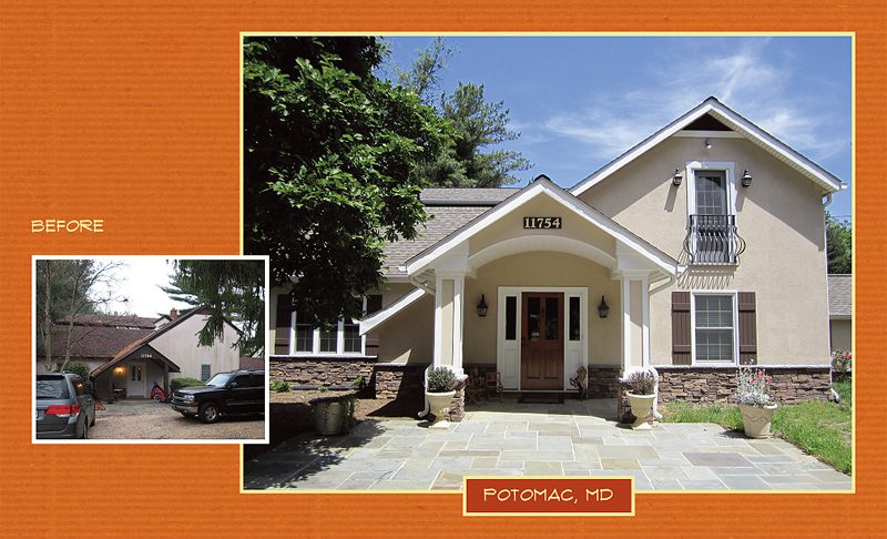 Front porch of a cozy house with white pillars and stone accents in Potomac, MD.