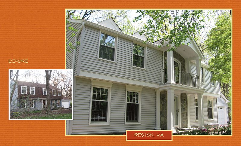 Two images showing a house exterior in Reston, VA, before and after renovation.