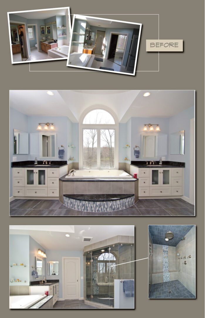 Luxurious bathroom with a central soaking tub and elegant vanity areas.