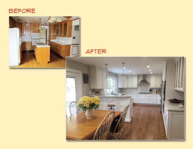 Modern kitchen renovation with bright lighting and spacious design.