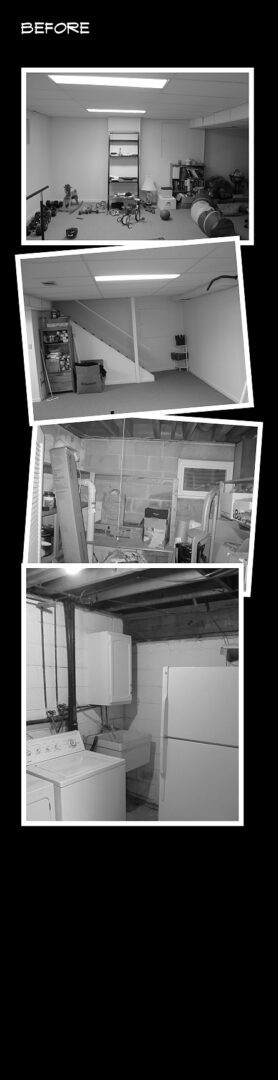 Black and white photos of a cluttered attic or storage area with exposed beams.