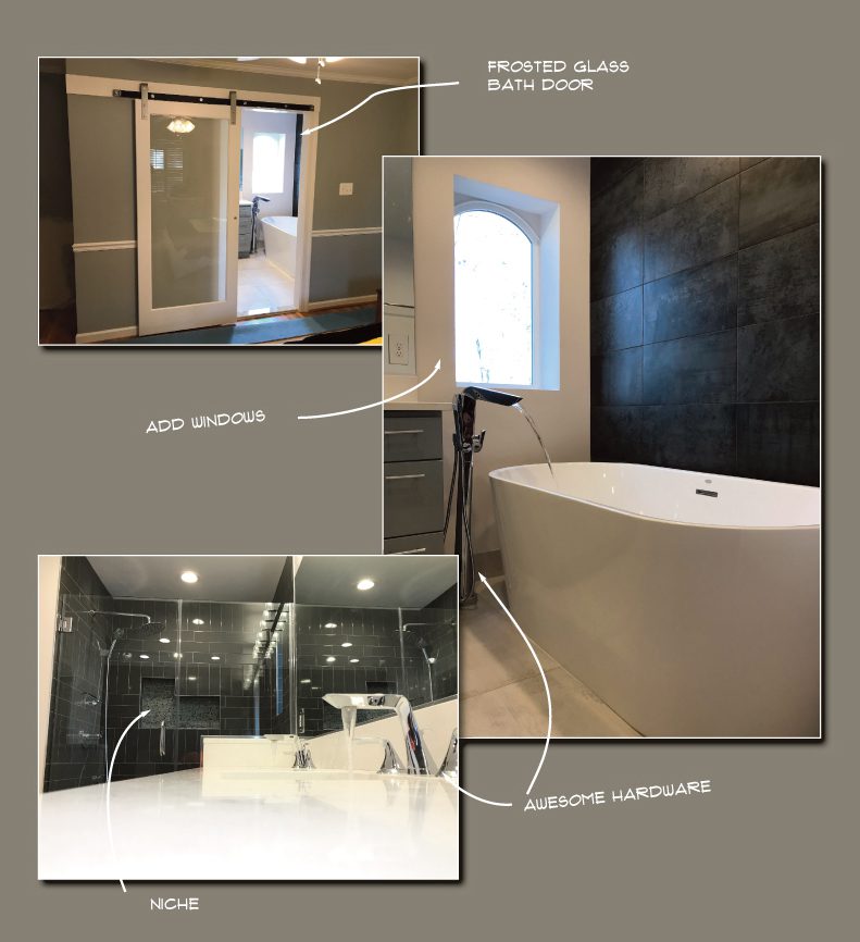 Modern bathroom with a sleek bathtub and bright shower area.