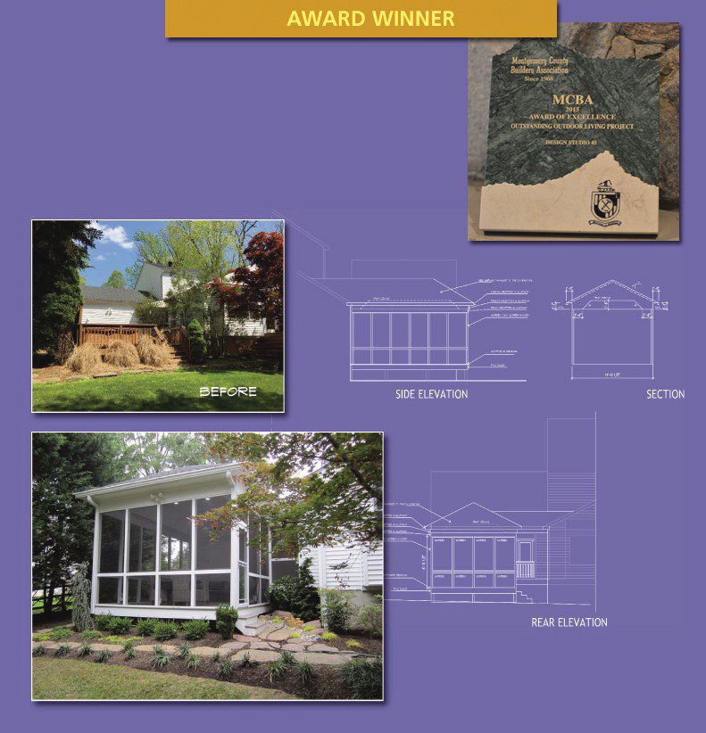 Design layout and photos of a screened porch attached to a house.