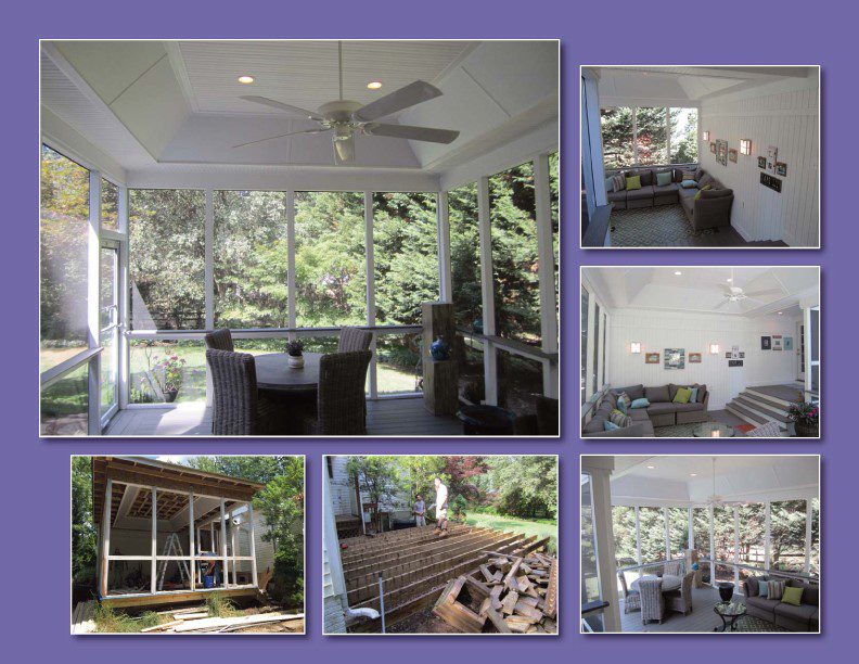 A cozy home with spacious living areas and a large screened porch overlooking lush greenery.