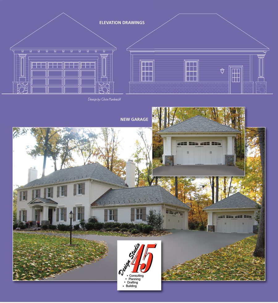 Two-story house with garage and blueprint design overlay.