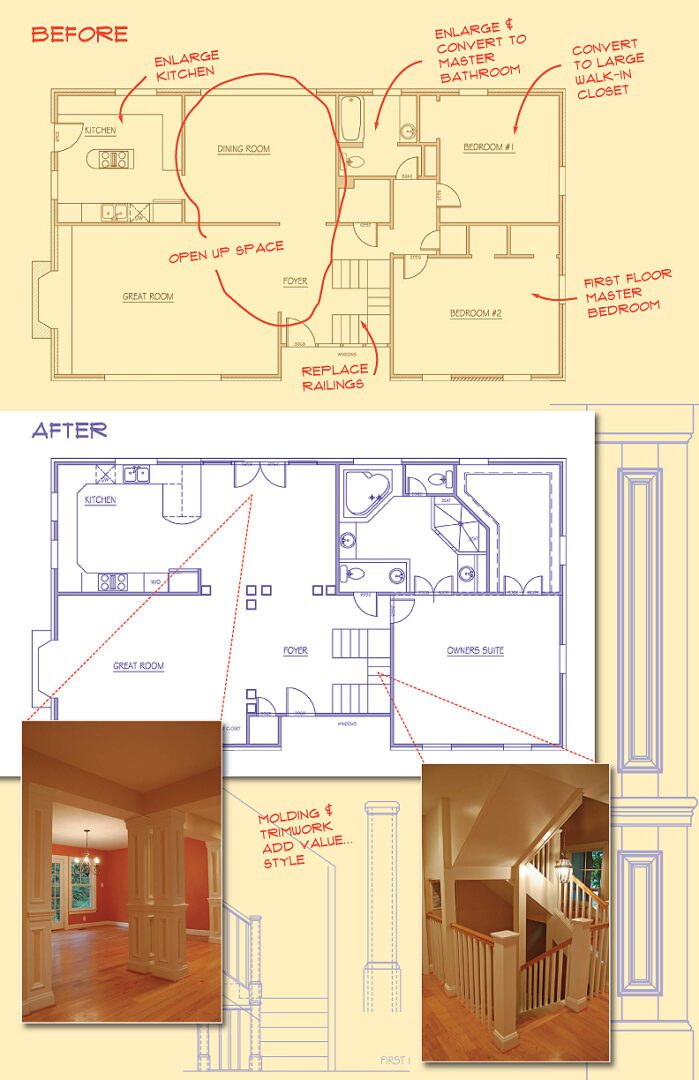 Blueprints and photos showing a home's remodeled floor plan and interior after renovation.