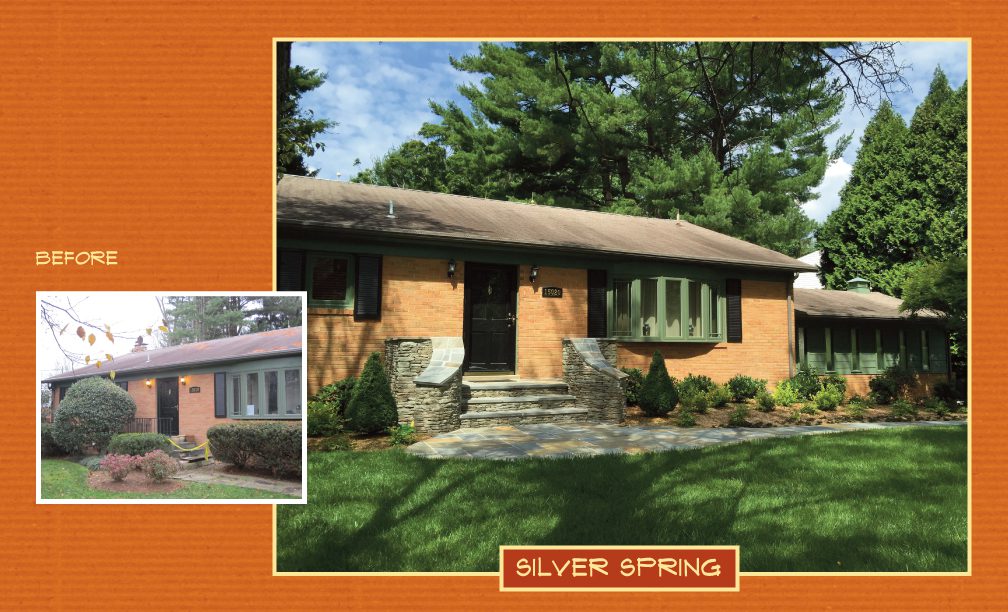 Brick house with a green door and wooden porch in Silver Spring.