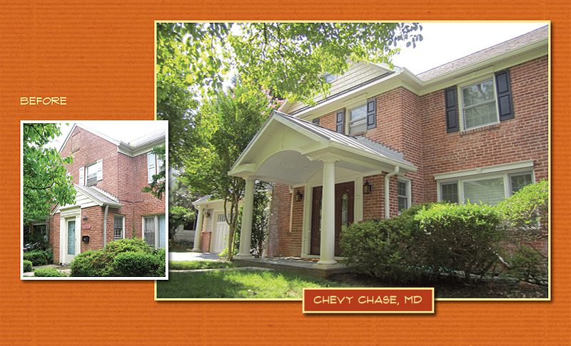 Entrance of a red brick house with a white portico and greenery.