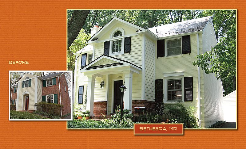 A charming white two-story house with black shutters and a front porch.