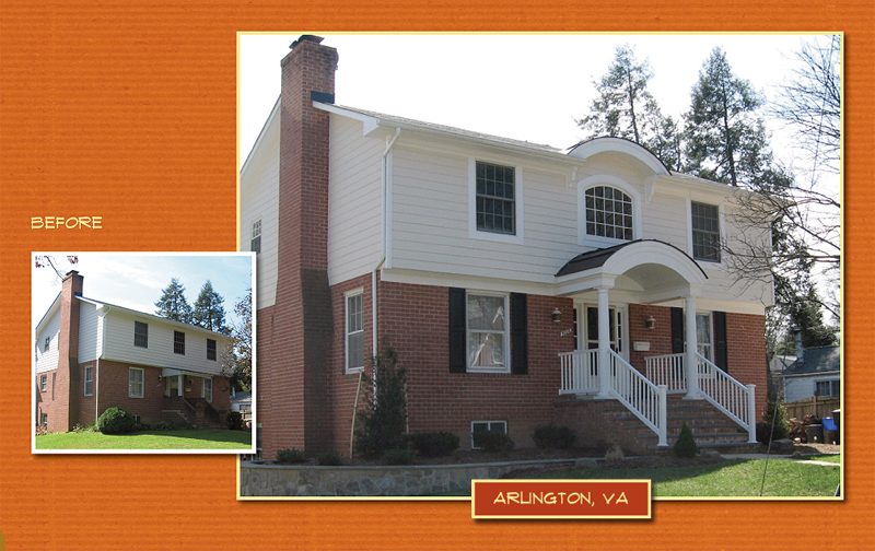 A two-story brick and white house with a covered porch in Arlington, VA.