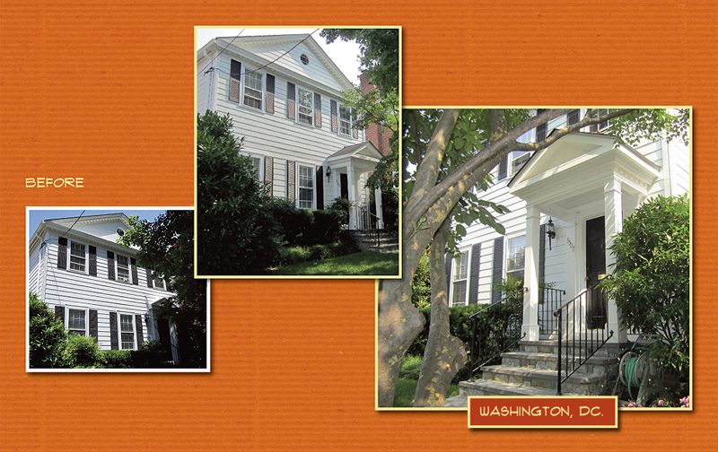 White colonial-style house with black shutters and a welcoming porch.