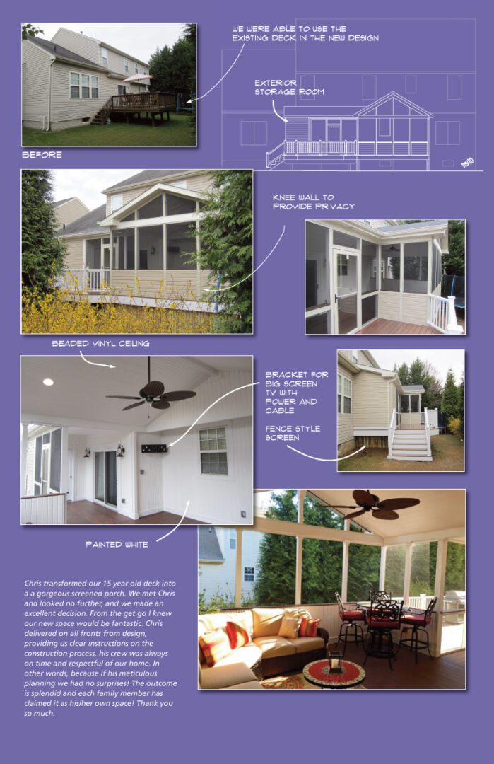Custom outdoor patio enclosures with ceiling fans and retractable screens.