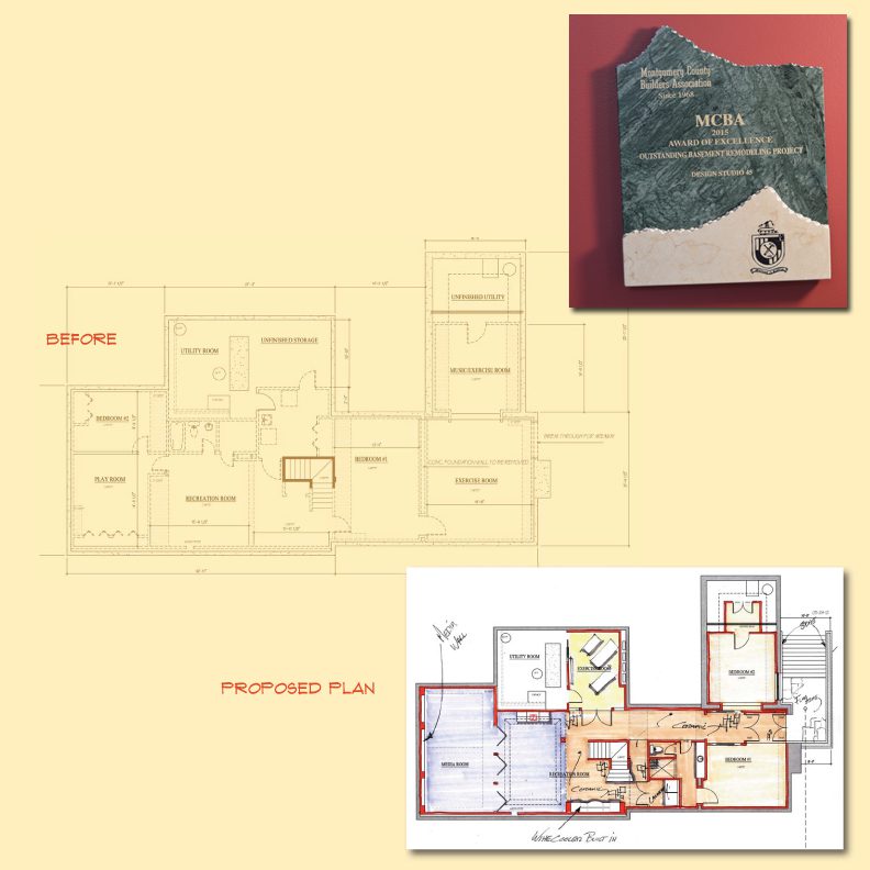 Architectural floor plans and a commemorative plaque.
