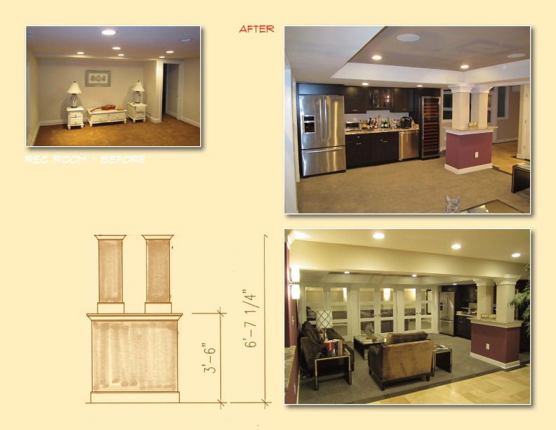 Three images showing a furniture unit and a kitchen counter setup.