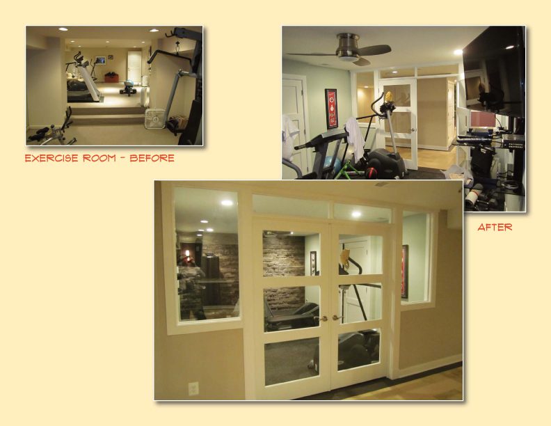 Home gym setup with mirrored walls and equipment in a bright room.