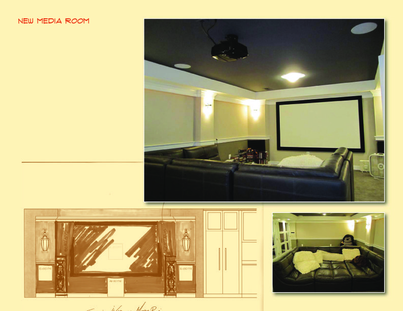 Modern home theater room with a large screen and comfortable seating.