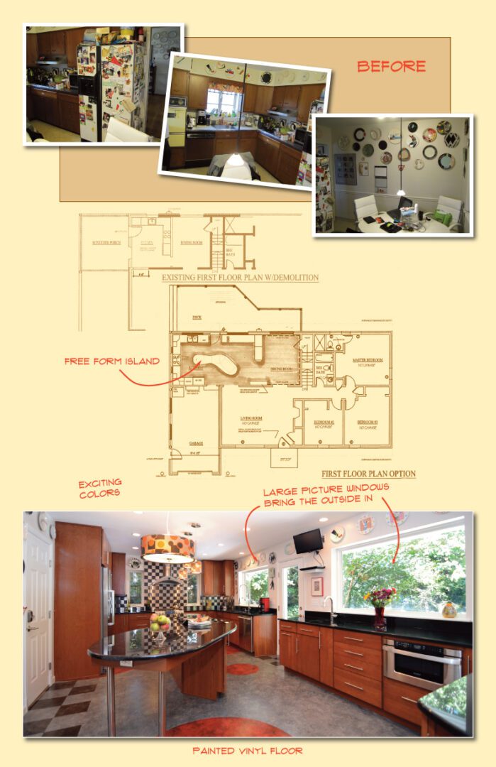 Home remodeling plan with before and after photos showcasing kitchen and bathroom updates.