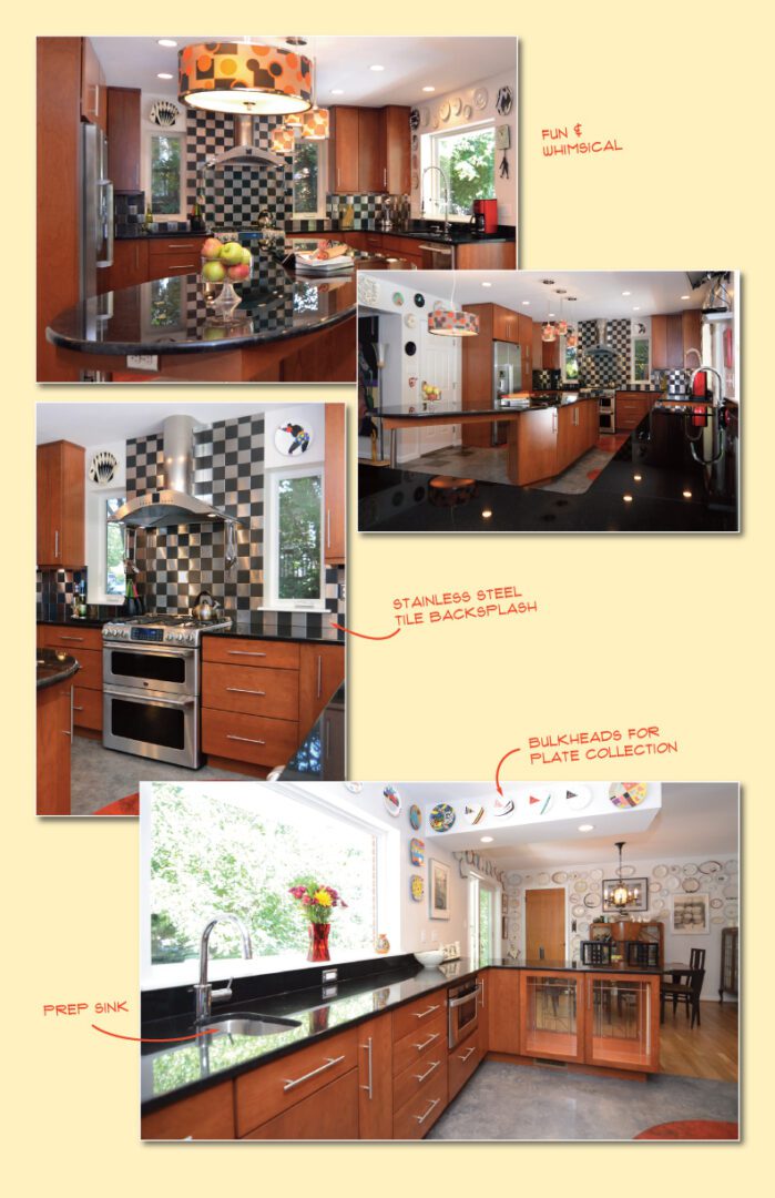 Collage of modern kitchen designs with warm wood tones and stylish backsplashes.