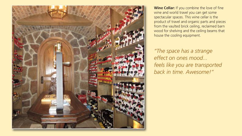 Wine cellar with organized wine racks and wooden beams.