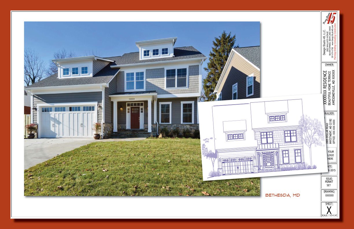 A newly built modern house with a front lawn and architectural plans.