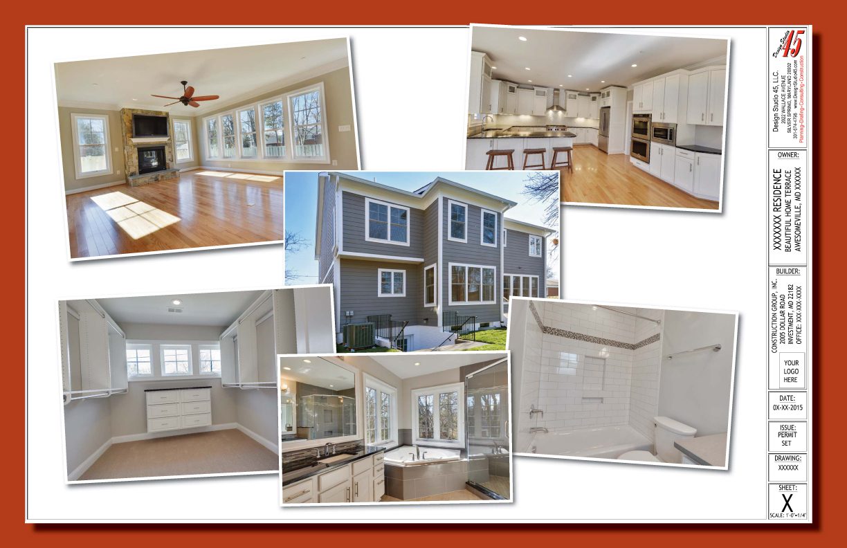 Collage of modern home interior and exterior photos showcasing various rooms and the facade.