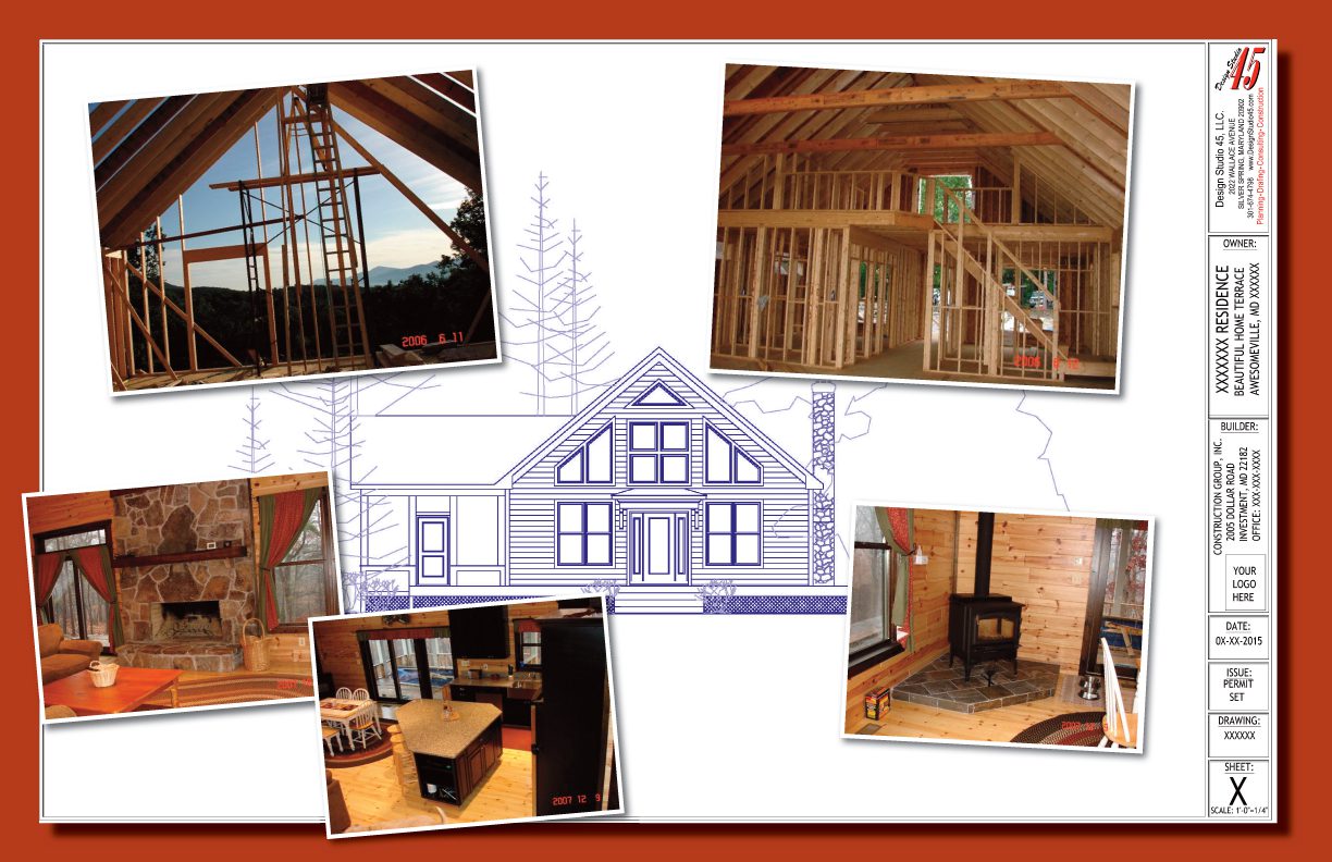 Collage showing construction phases and finished interiors of a timber home.