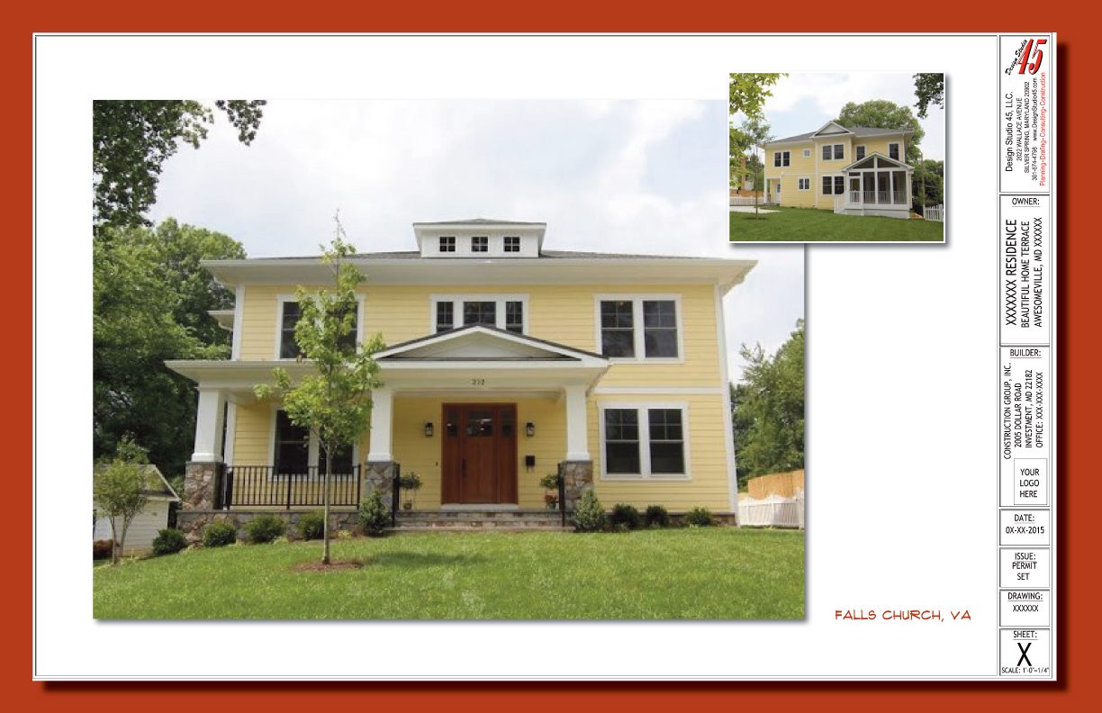 A yellow two-story house with a front porch and manicured lawn.