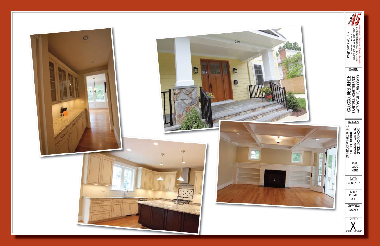 Collage of modern kitchen and exterior home views with wood finishes.