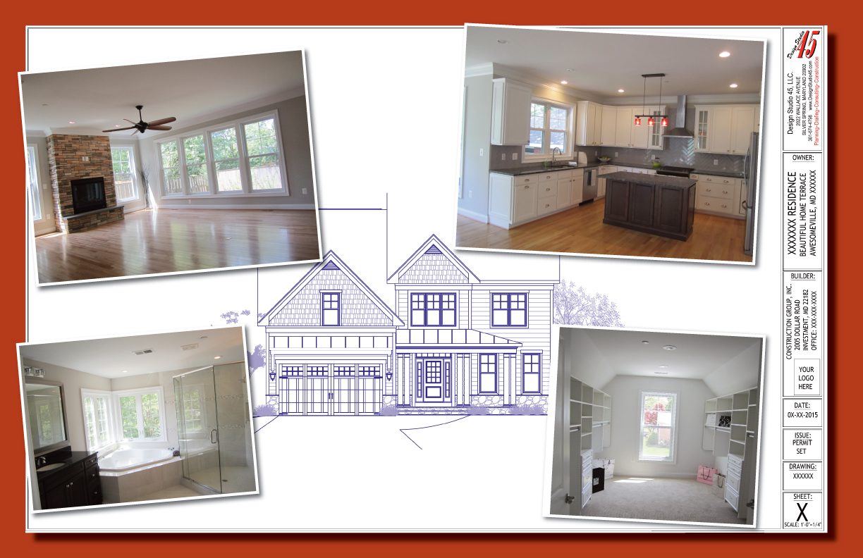 Collage showing various interior rooms and a sketch of a house.