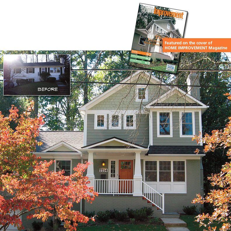 A charming suburban house surrounded by autumn foliage under a bright blue sky.
