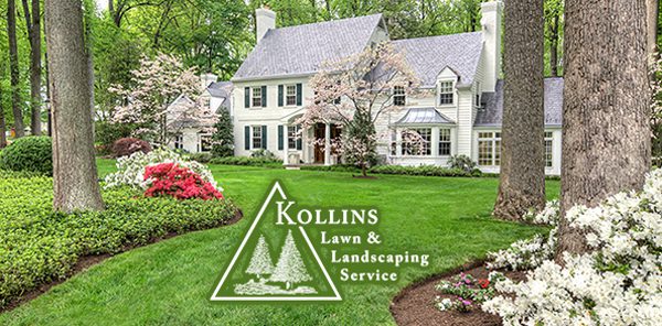 A charming house with landscaping and Kollins Lawn & Landscaping Service logo.