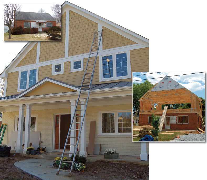 A house with a tall ladder leaning against its front.