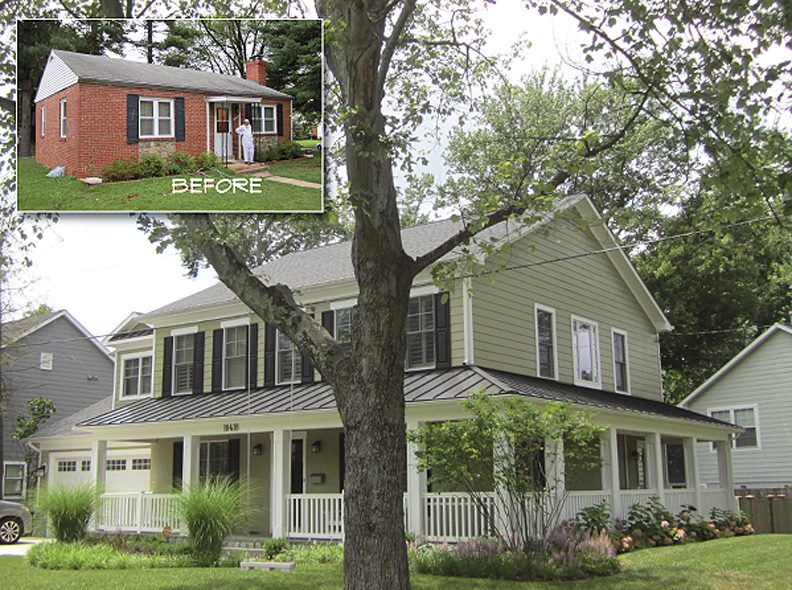 Before and after renovation of a house exterior.