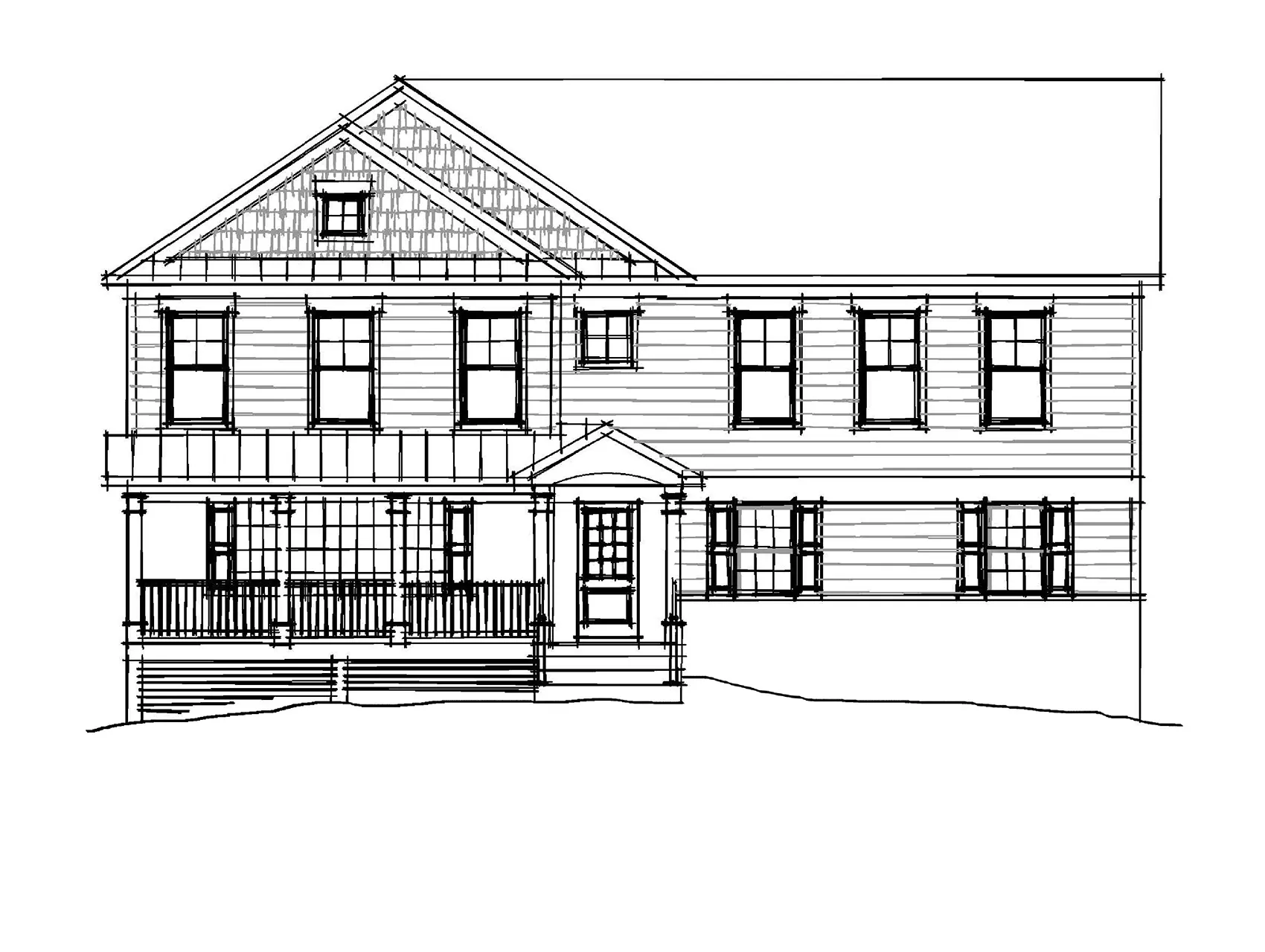 Architectural sketch of two-story house with porch