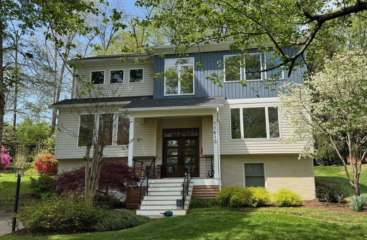 Modern two-story home with blue siding